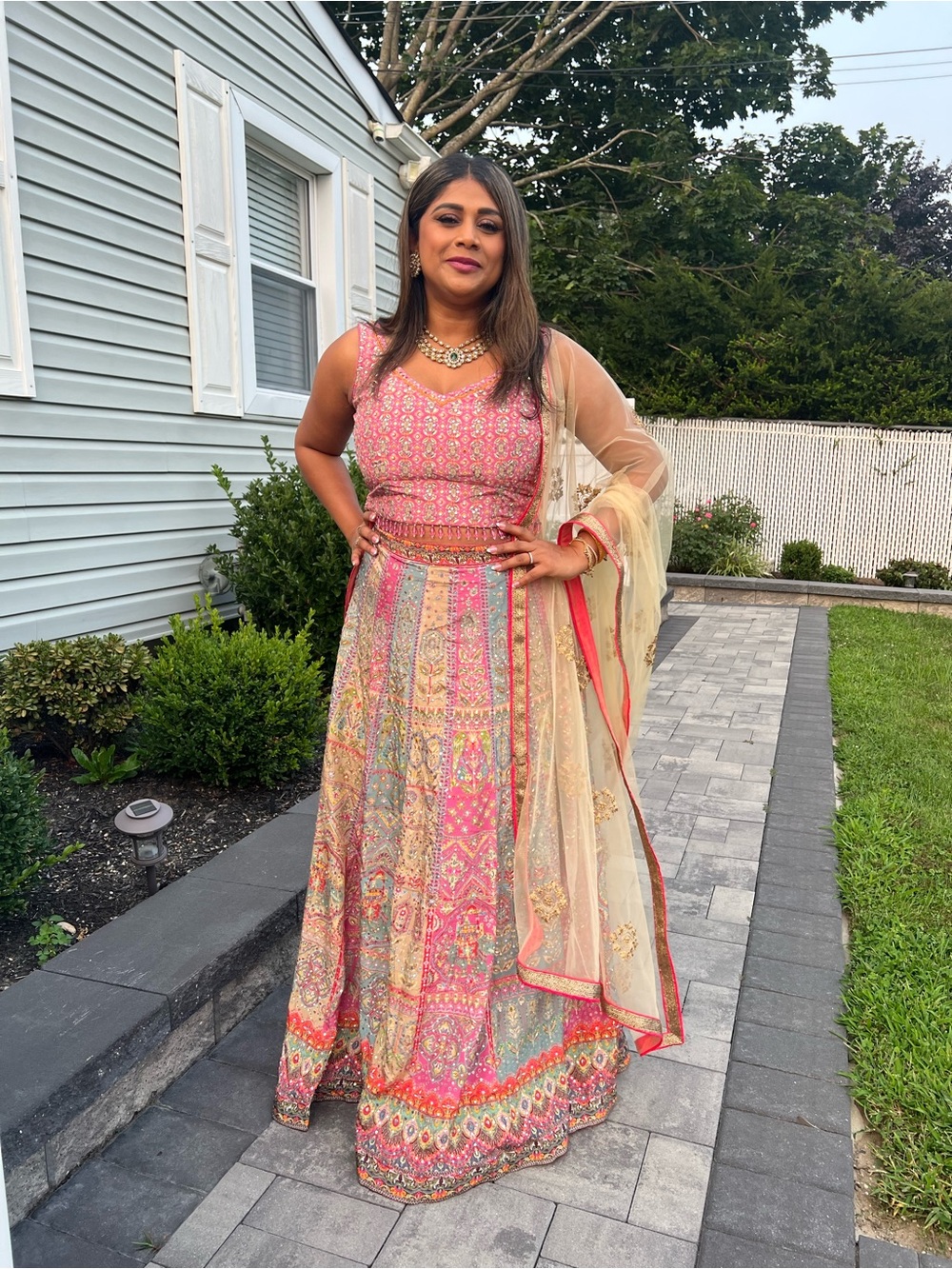 Embroidered Pink Multi-Color Lehenga Dress with Sheer Dupatta